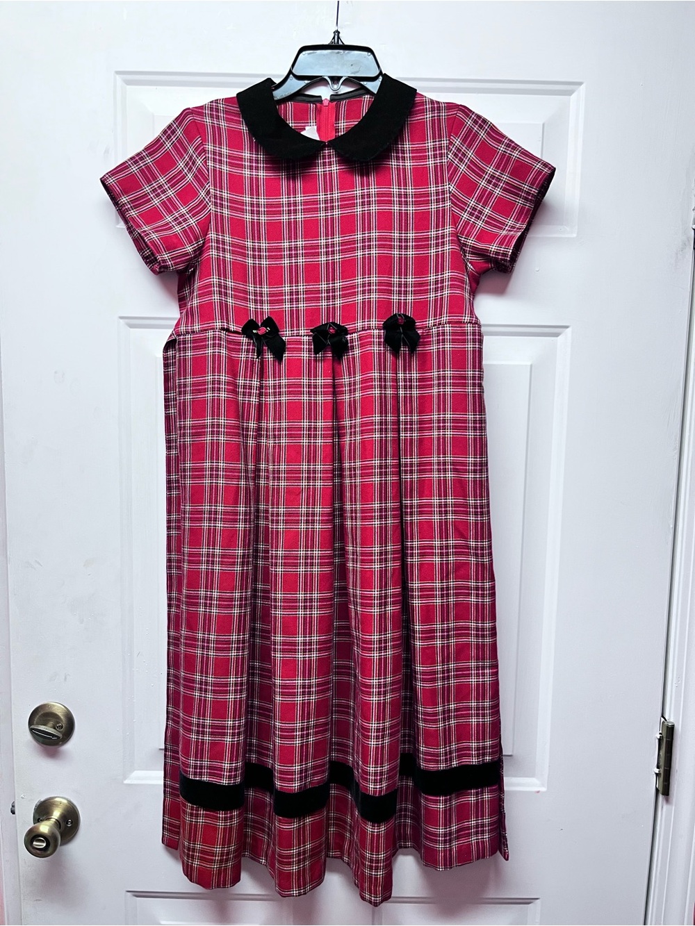 Girls' Red Plaid Peter Pan Collar Dress with Black Trim vintage Bonnie Jean